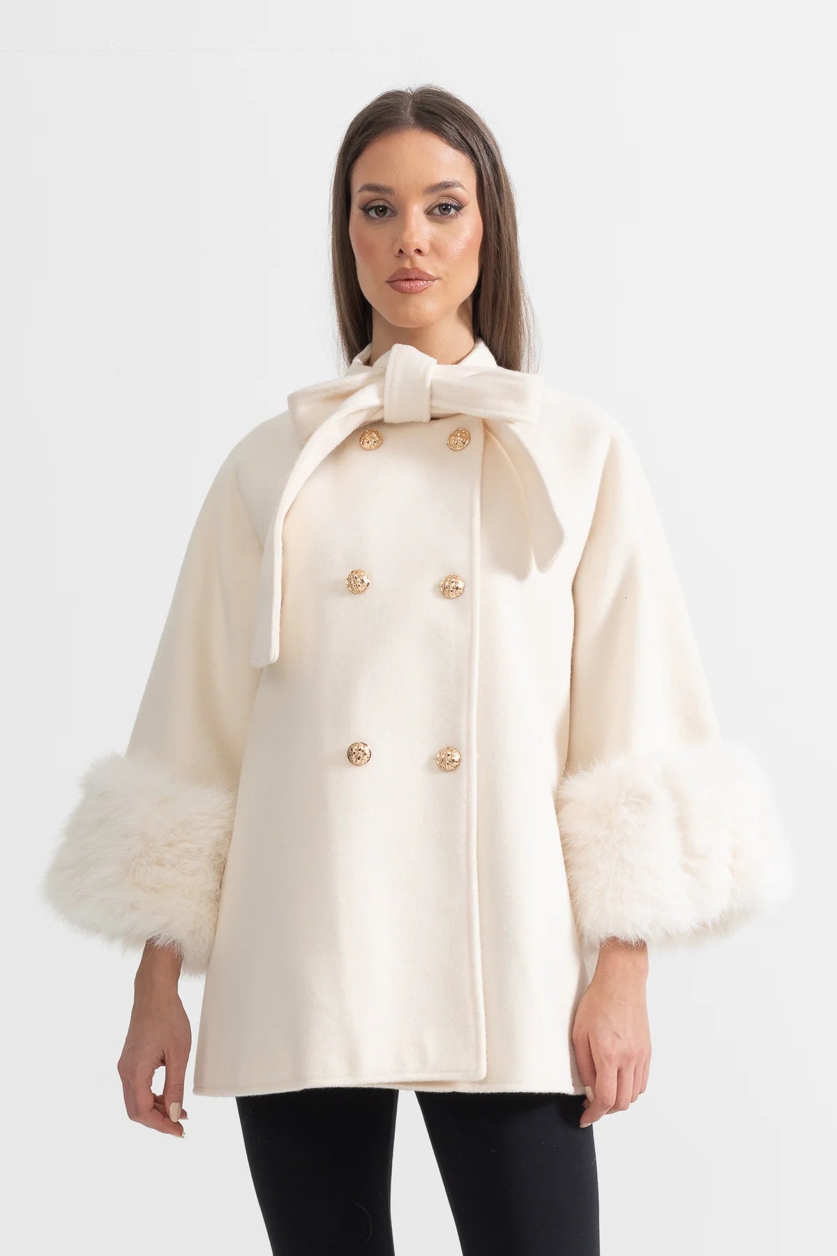 Woolen Cape Fur Cuff And Ribbon Coat