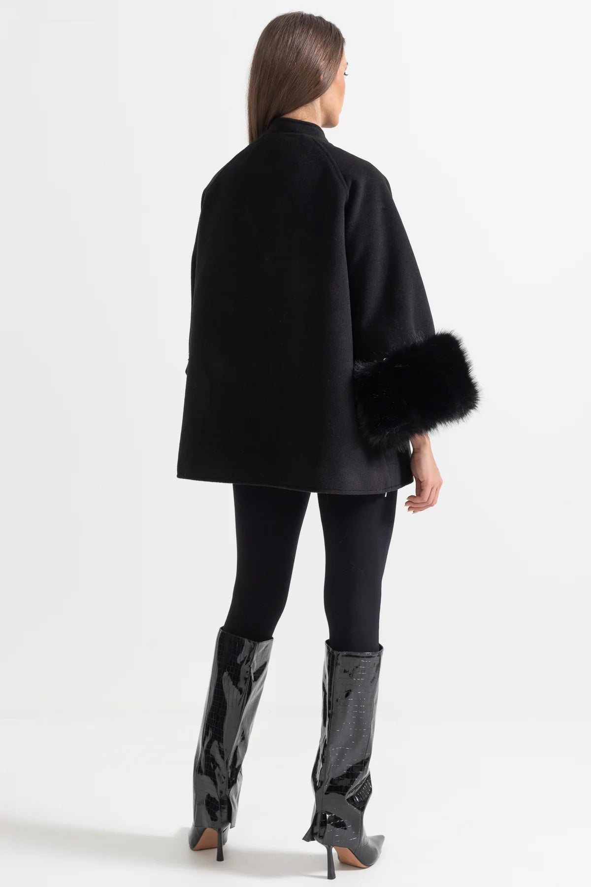 Woolen Cape Fur Cuff And Ribbon Coat