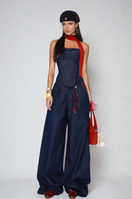 Strapless Top And Baggy Denim Pant Set