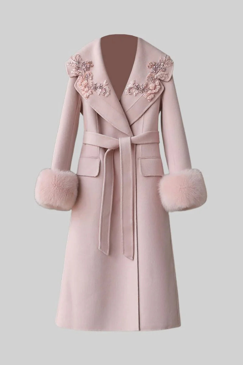 Cashmere Wool Fox Fur Crystal Embroidered Coat