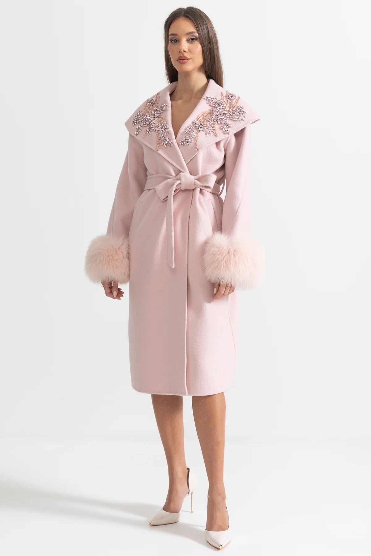 Cashmere Wool Fox Fur Crystal Embroidered Coat