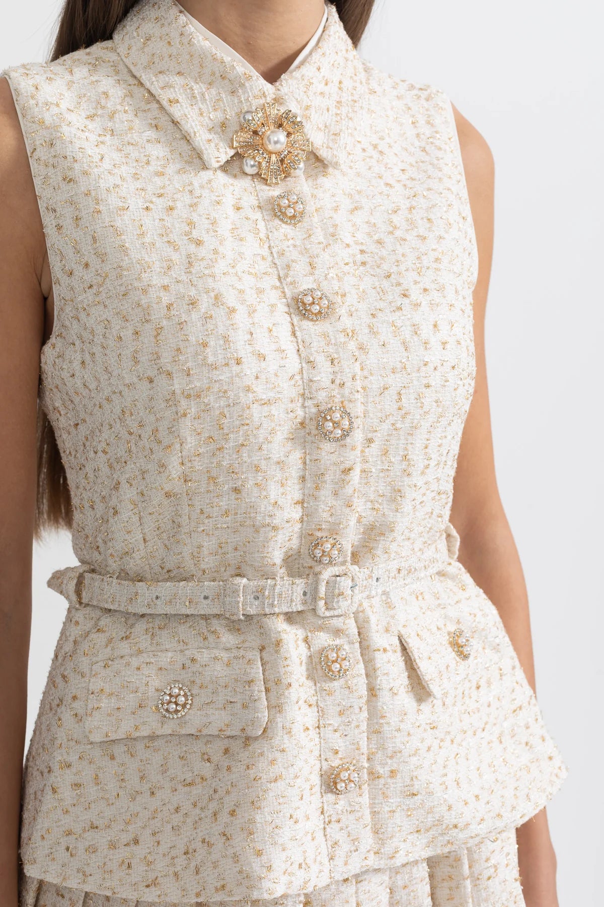 Sleeveless Crystal Tweed Belted Dress