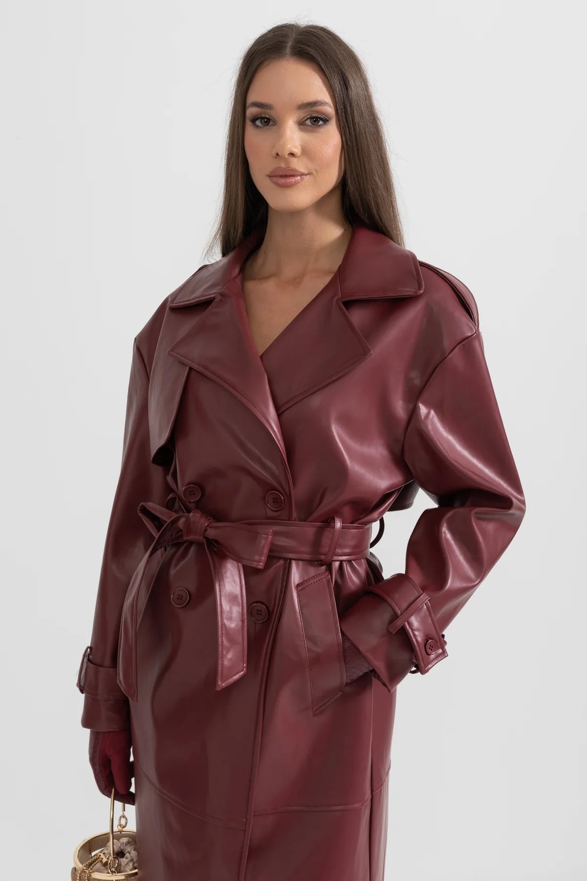 Burgundy Vegan Leather Trench Coat