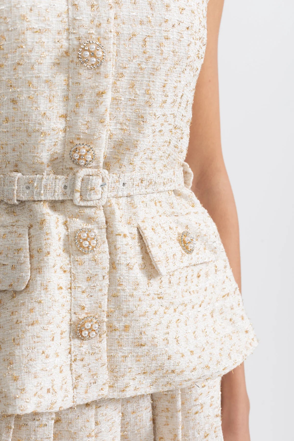 Sleeveless Crystal Tweed Belted Dress