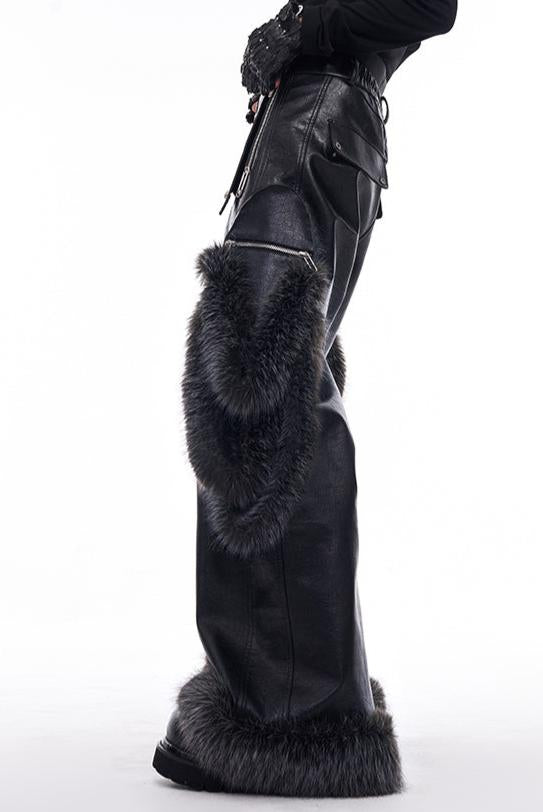 Detachable Fur Splicing Leather Wide-Leg Pants