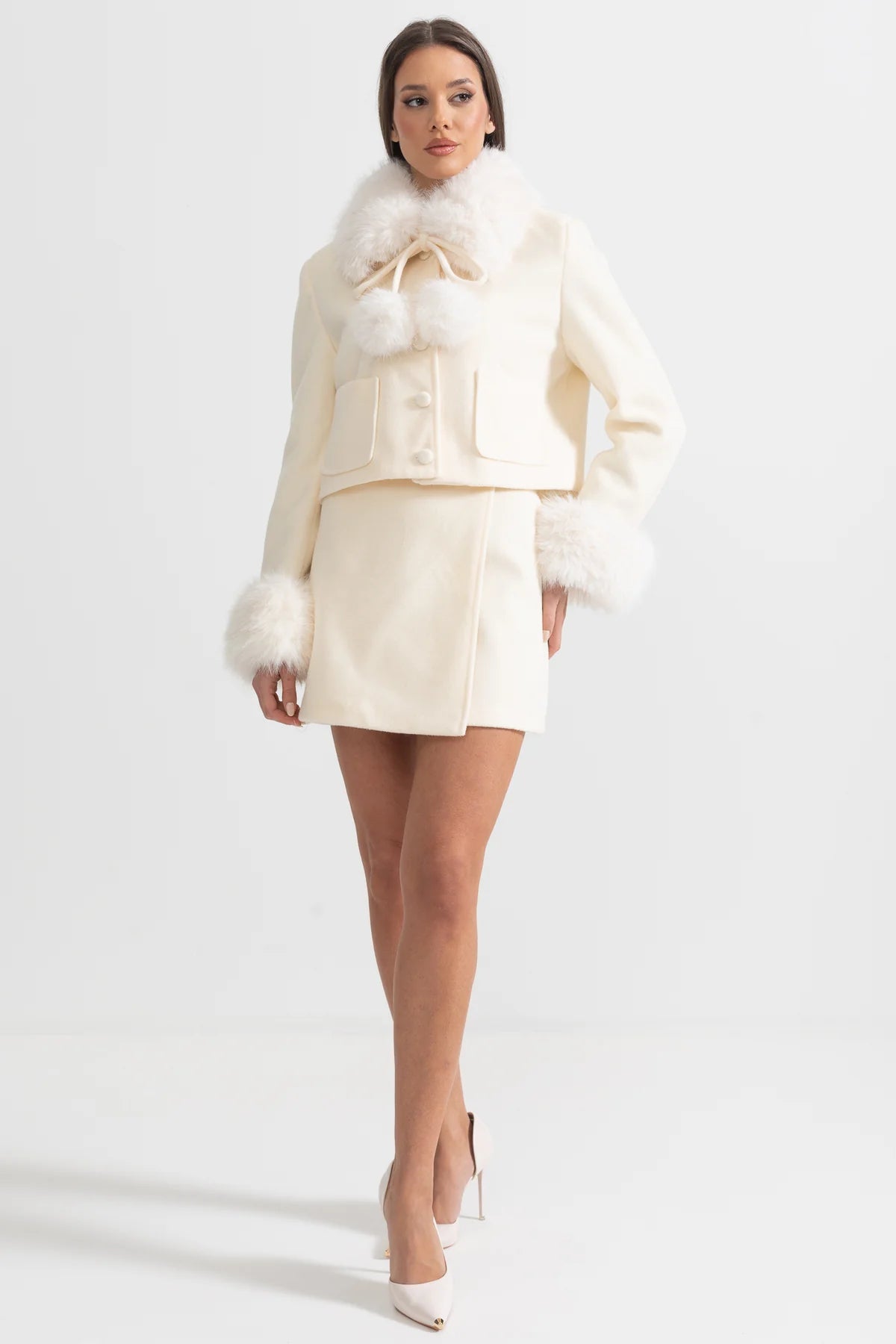 Woolen Two Piece Fur Cuffs Skirt And Jacket Set