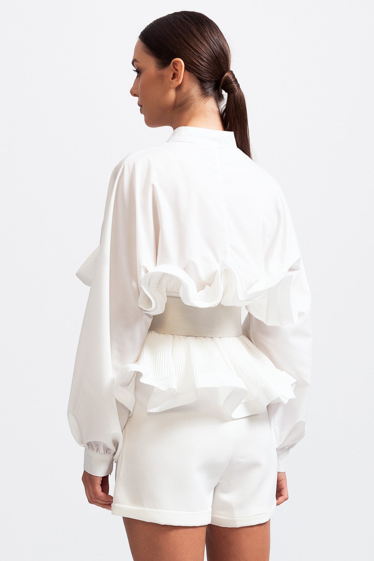 Ruffle Long-Sleeve Belted Shirt