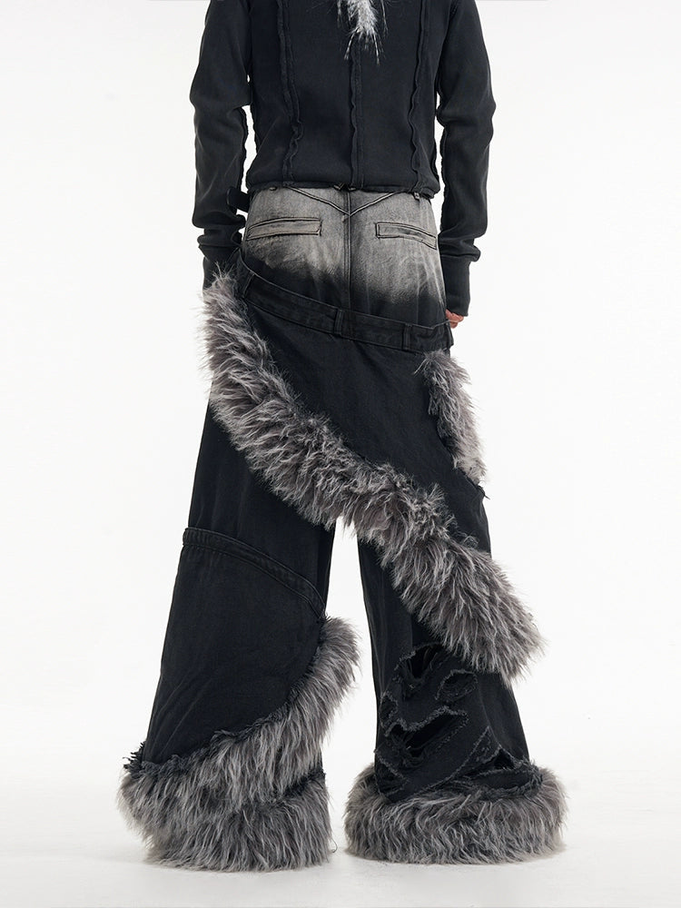 Fur Spiral Wide-Leg Flare Jeans