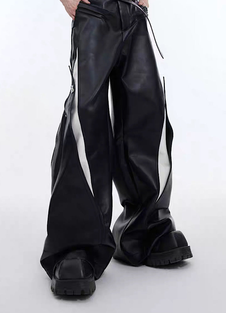 White and Black Contrast Splits Leather Pants